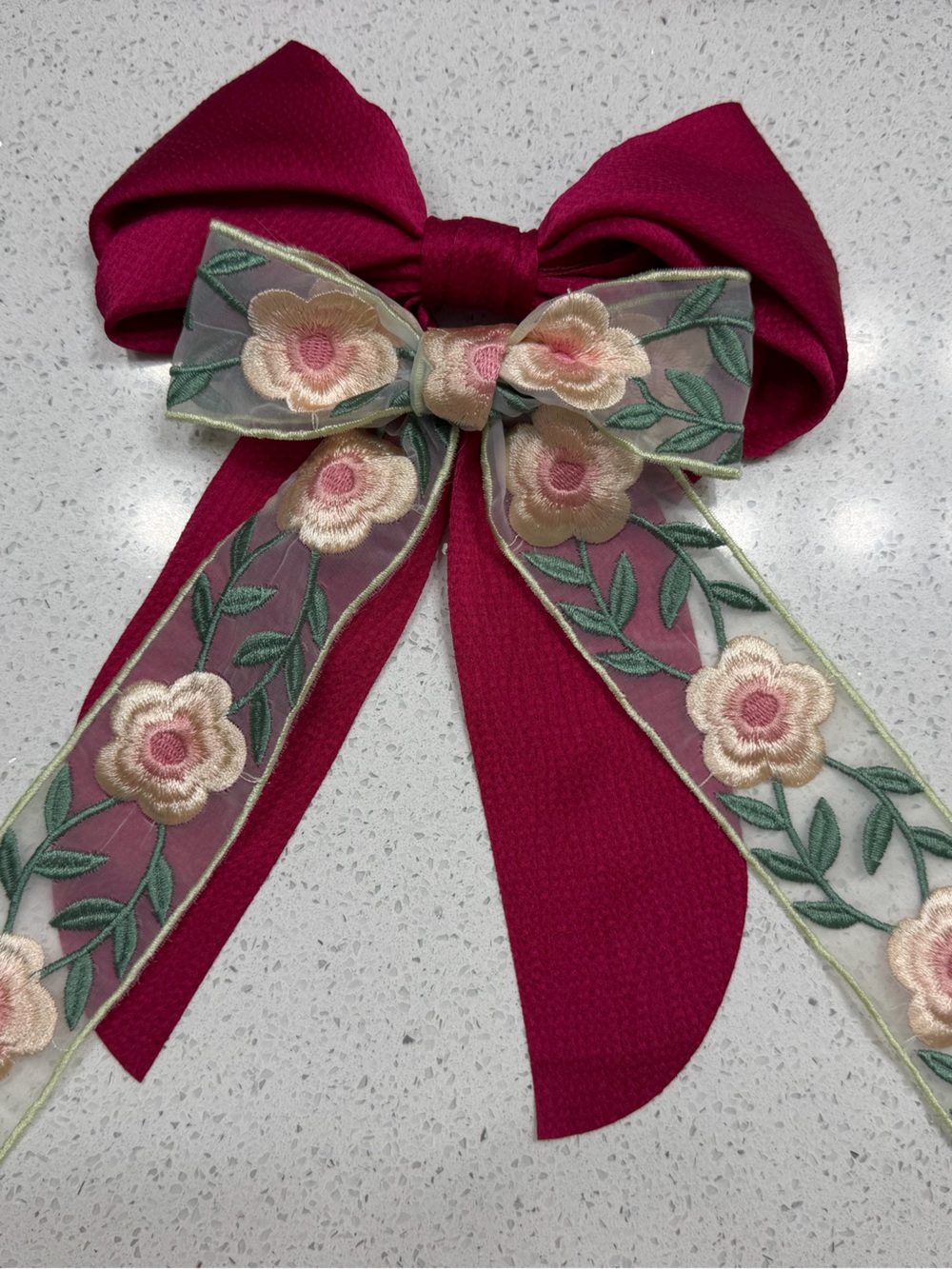2 Pc Long Tail Hair Bow Barrette Set Burgundy & Embroidered Floral Coquette